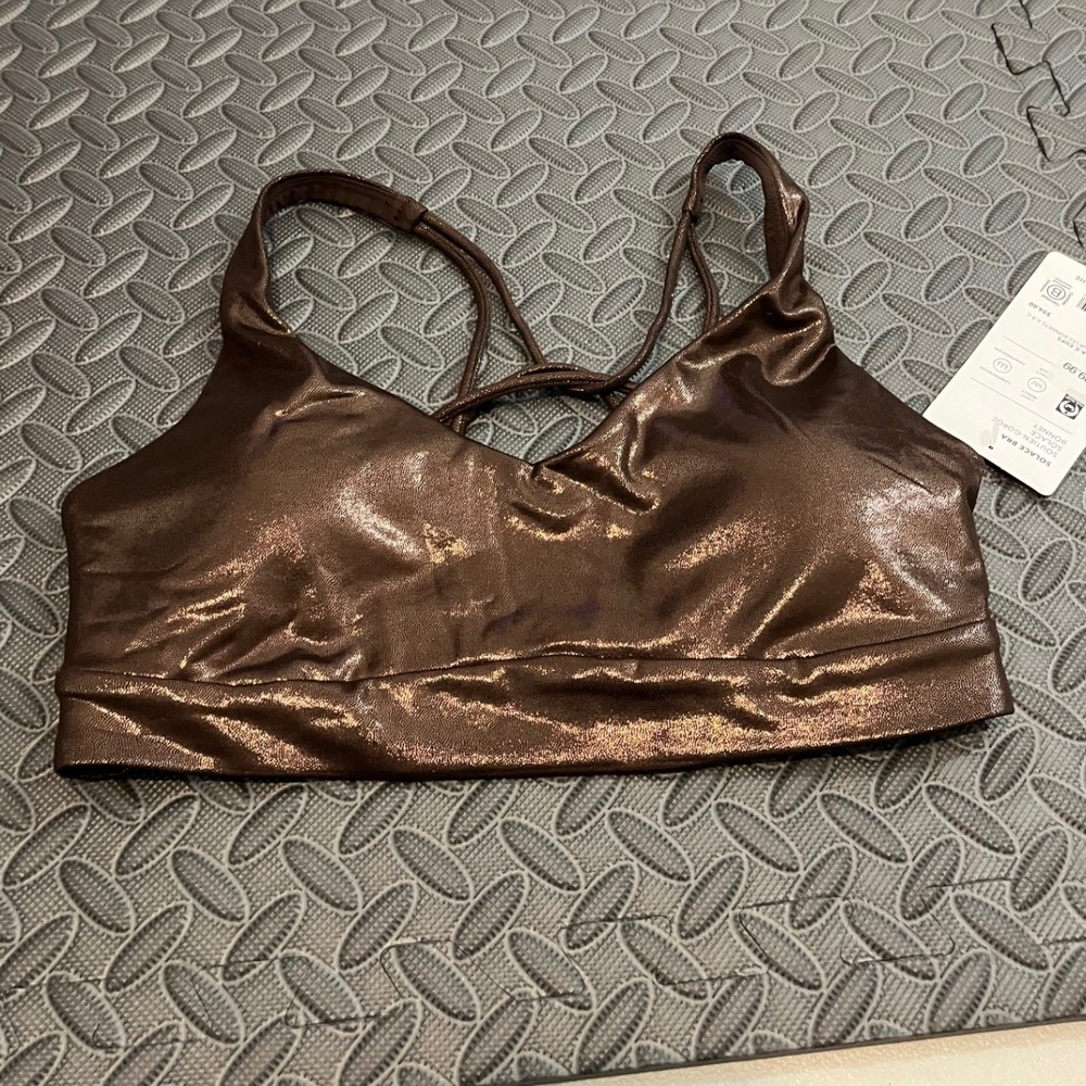 Athleta Solace Bra Womens Small Brown Metallic Strappy Back Shine